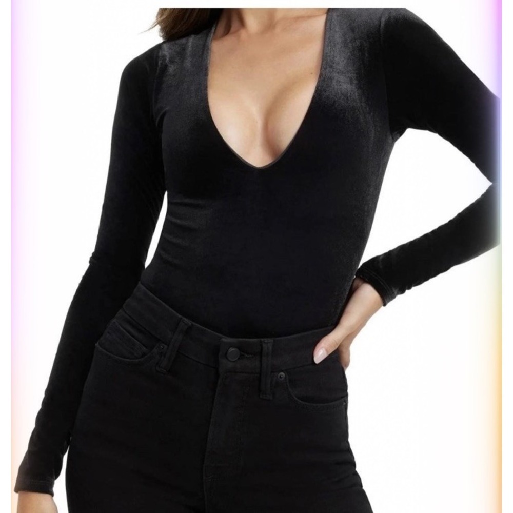 Good American Black Velvet Deep V Bodysuit 3XL Or Size 6 V Neck Long Sleeve